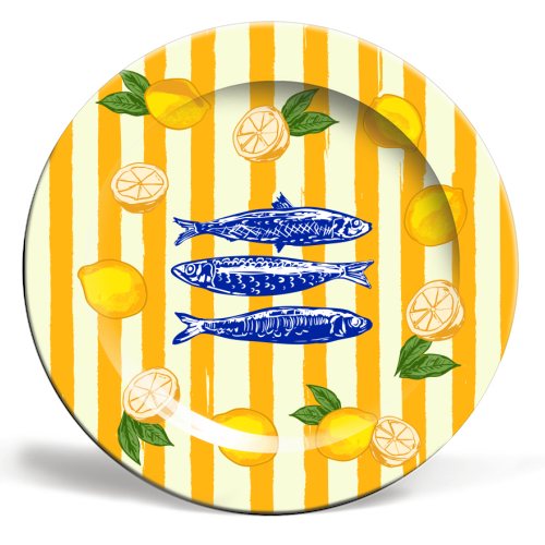 Sardines with Lemons Vintage Yellow Groovy Stripes - ceramic dinner plate by EZbie