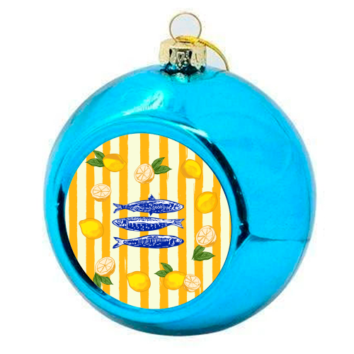 Sardines with Lemons Vintage Yellow Groovy Stripes - colourful christmas bauble by EZbie