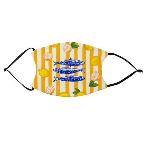 Sardines with Lemons Vintage Yellow Groovy Stripes - face cover mask by EZbie