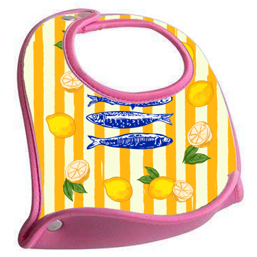 Sardines with Lemons Vintage Yellow Groovy Stripes - feeding bib by EZbie