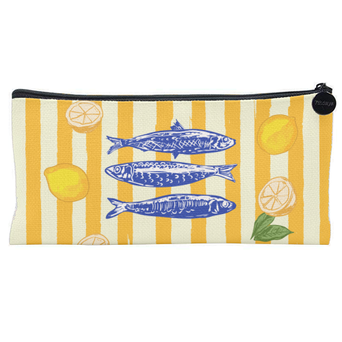 Sardines with Lemons Vintage Yellow Groovy Stripes - flat pencil case by EZbie