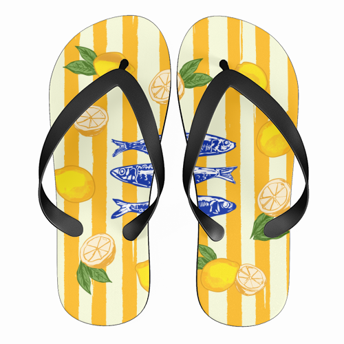 Sardines with Lemons Vintage Yellow Groovy Stripes - funny flip flops by EZbie