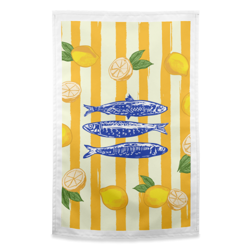 Sardines with Lemons Vintage Yellow Groovy Stripes - funny tea towel by EZbie