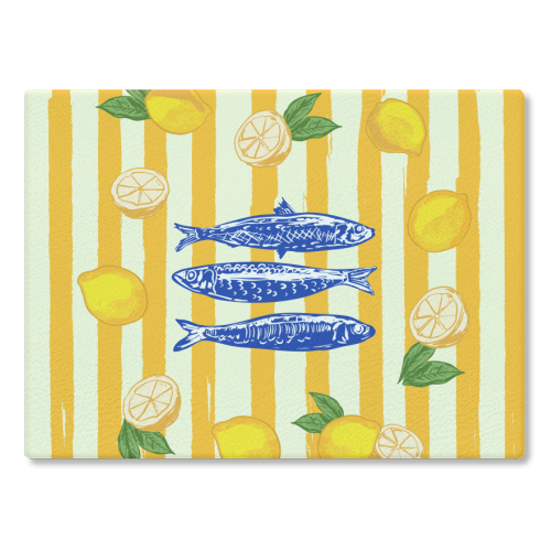 Sardines with Lemons Vintage Yellow Groovy Stripes - glass chopping board by EZbie