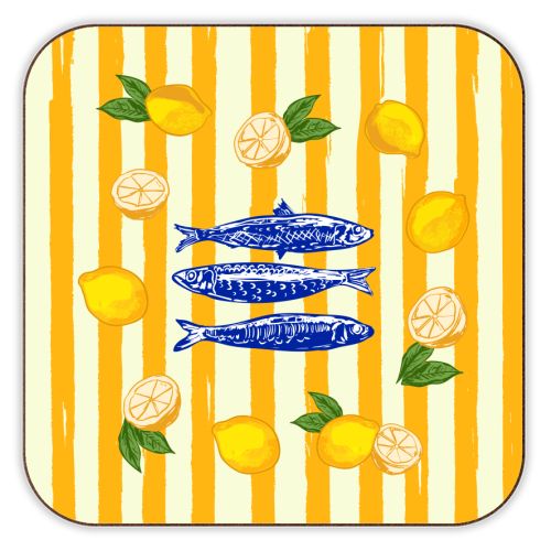 Sardines with Lemons Vintage Yellow Groovy Stripes - personalised beer coaster by EZbie