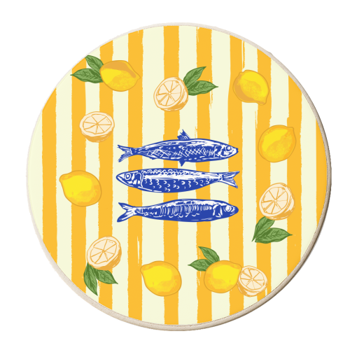 Sardines with Lemons Vintage Yellow Groovy Stripes - personalised beer coaster by EZbie