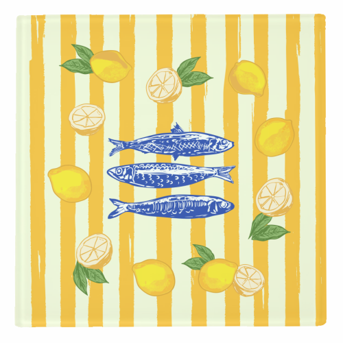 Sardines with Lemons Vintage Yellow Groovy Stripes - personalised beer coaster by EZbie