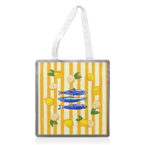 Sardines with Lemons Vintage Yellow Groovy Stripes - printed canvas tote bag by EZbie
