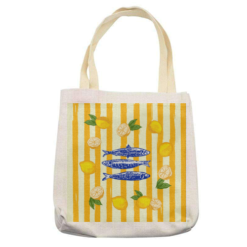 Sardines with Lemons Vintage Yellow Groovy Stripes - printed canvas tote bag by EZbie