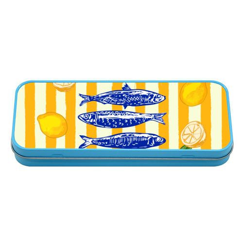 Sardines with Lemons Vintage Yellow Groovy Stripes - tin pencil case by EZbie