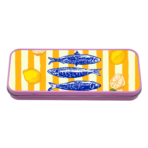 Sardines with Lemons Vintage Yellow Groovy Stripes - tin pencil case by EZbie