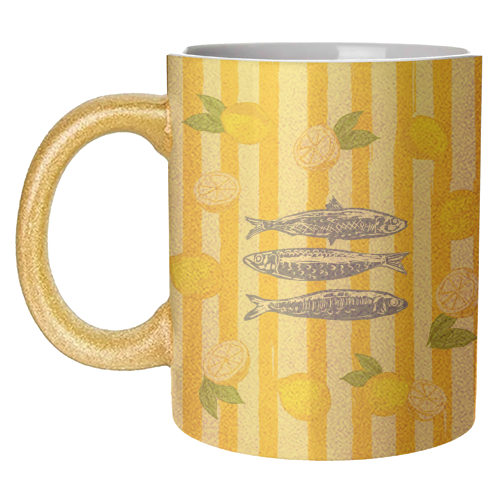 Sardines with Lemons Vintage Yellow Groovy Stripes - unique mug by EZbie
