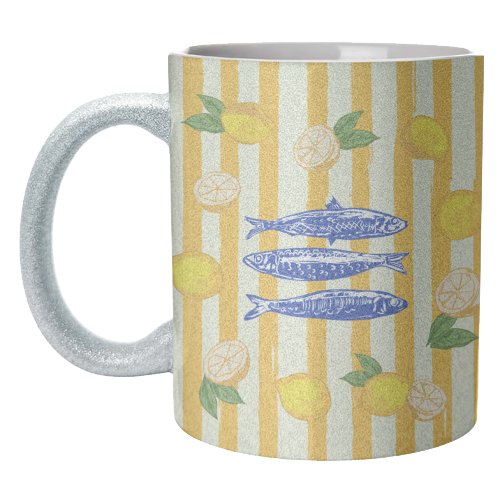 Sardines with Lemons Vintage Yellow Groovy Stripes - unique mug by EZbie
