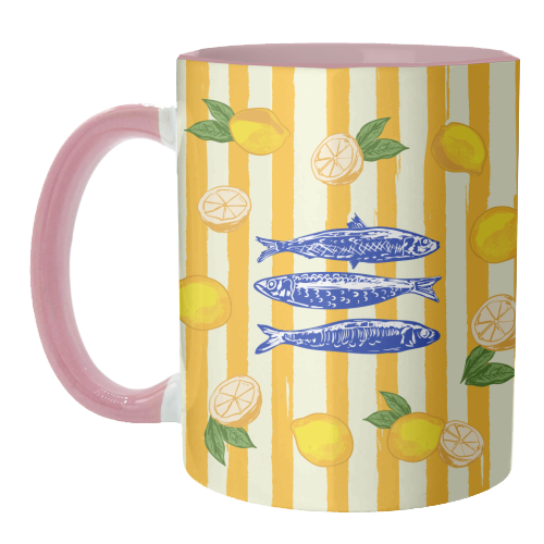 Sardines with Lemons Vintage Yellow Groovy Stripes - unique mug by EZbie