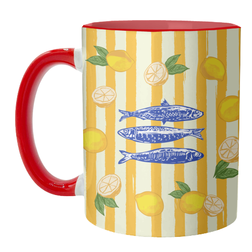 Sardines with Lemons Vintage Yellow Groovy Stripes - unique mug by EZbie