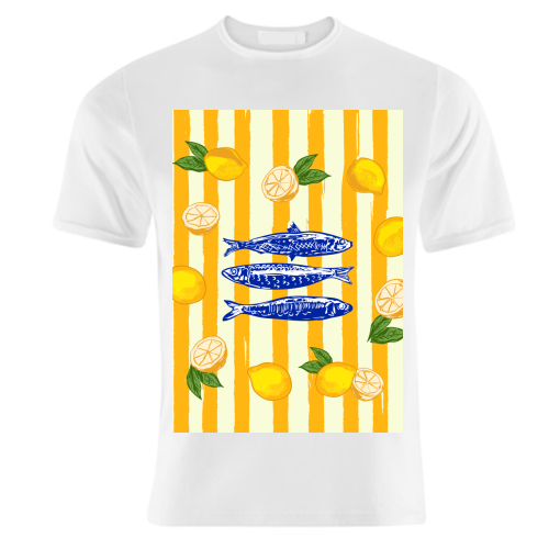 Sardines with Lemons Vintage Yellow Groovy Stripes - unique t shirt by EZbie