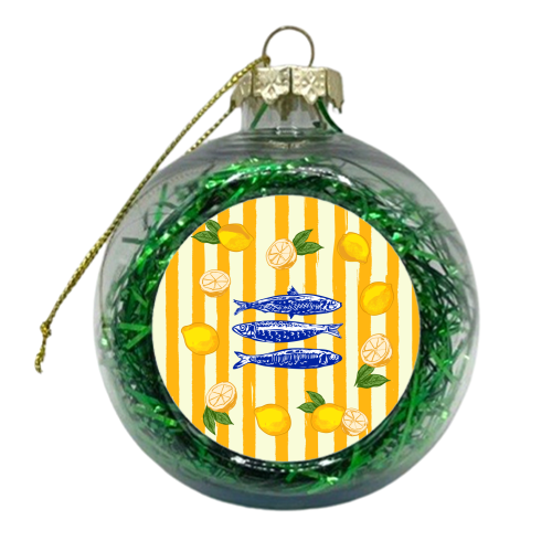 Sardines with Lemons Vintage Yellow Groovy Stripes - xmas bauble by EZbie