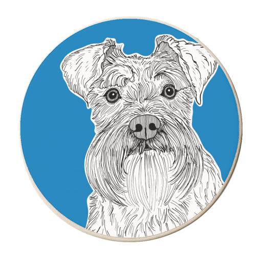 Schnauzer Dog Portrait ( blue background ) - personalised beer coaster by Adam Regester