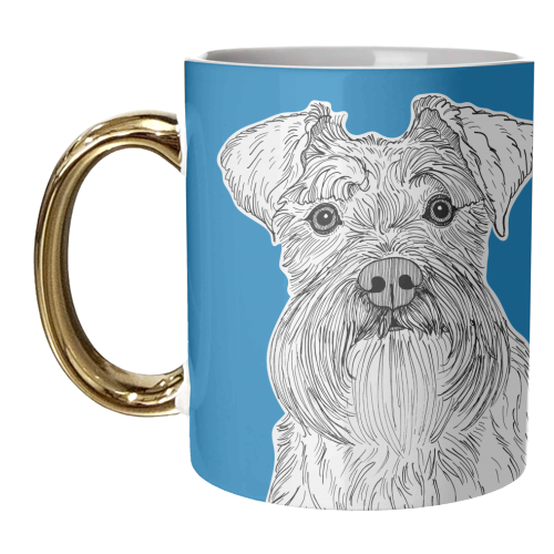 Schnauzer Dog Portrait ( blue background ) - unique mug by Adam Regester