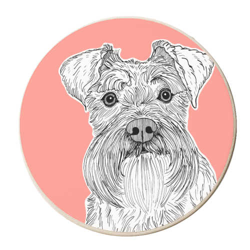 Schnauzer Dog Portrait ( coral background ) - personalised beer coaster by Adam Regester