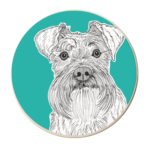 Schnauzer Dog Portrait ( teal background ) - personalised beer coaster by Adam Regester
