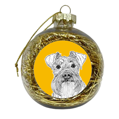 Schnauzer Dog Portrait ( yellow background ) - xmas bauble by Adam Regester