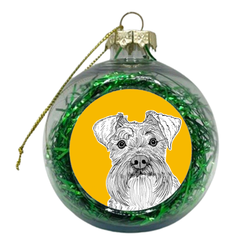 Schnauzer Dog Portrait ( yellow background ) - xmas bauble by Adam Regester