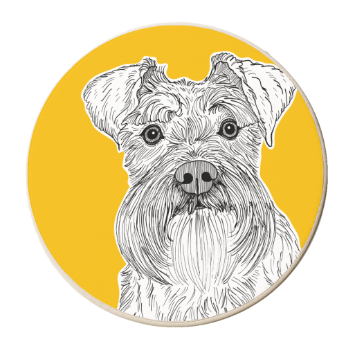 Schnauzer Dog Portrait ( yellow background ) - personalised beer coaster by Adam Regester