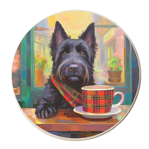 Scotty Dog having a coffee. - personalised beer coaster by AP