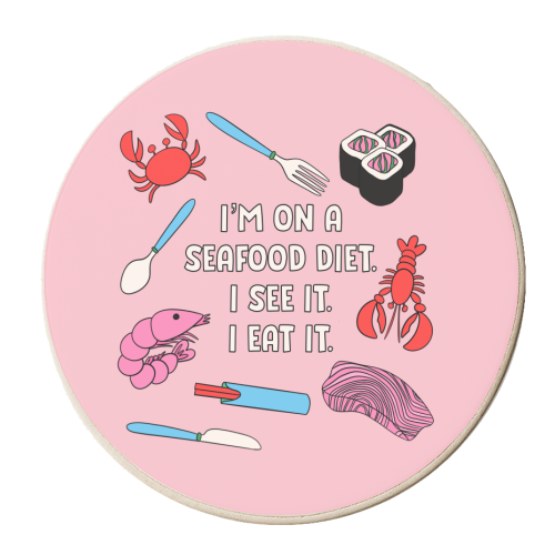 Seafood Diet Pun - I see food I eat it - personalised beer coaster by Lisa Wardle