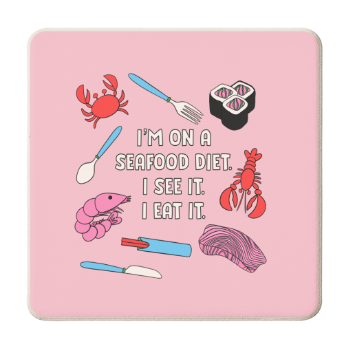 Seafood Diet Pun - I see food I eat it - personalised beer coaster by Lisa Wardle