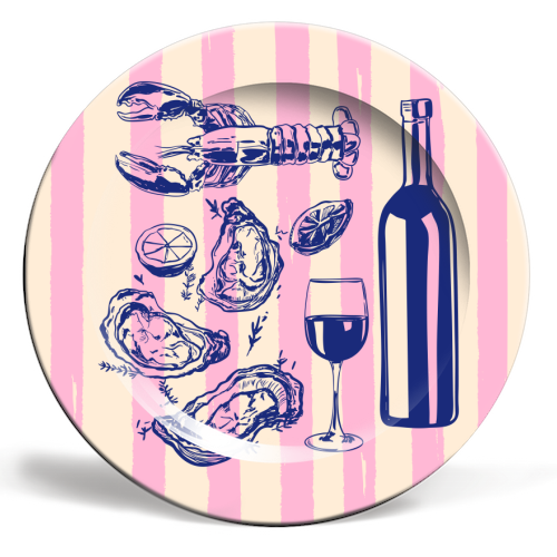 Seafood & Wine – Retro Pink Stripes Illustration - ceramic dinner plate by EZbie