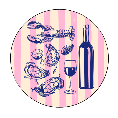 Seafood & Wine – Retro Pink Stripes Illustration - Circle Sticker by EZbie