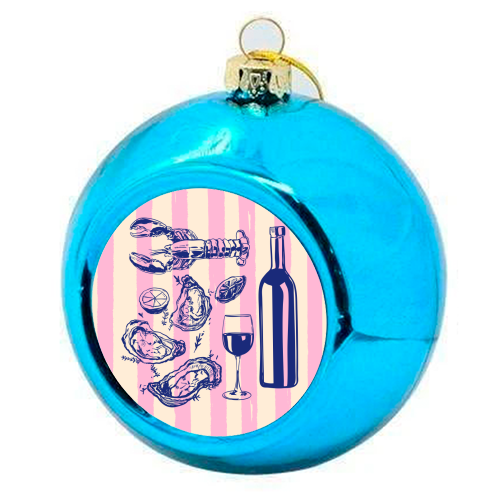 Seafood & Wine – Retro Pink Stripes Illustration - colourful christmas bauble by EZbie