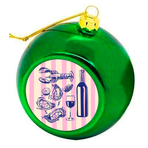 Seafood & Wine – Retro Pink Stripes Illustration - colourful christmas bauble by EZbie