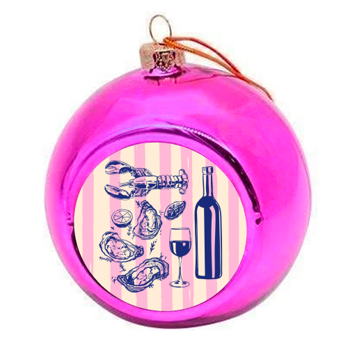 Seafood & Wine – Retro Pink Stripes Illustration - colourful christmas bauble by EZbie