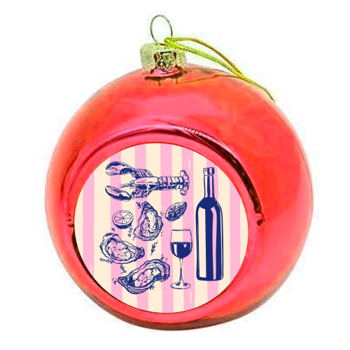 Seafood & Wine – Retro Pink Stripes Illustration - colourful christmas bauble by EZbie