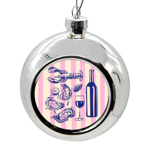 Seafood & Wine – Retro Pink Stripes Illustration - colourful christmas bauble by EZbie