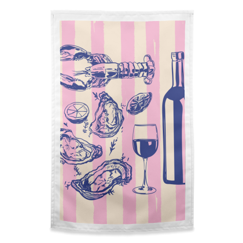 Seafood & Wine – Retro Pink Stripes Illustration - funny tea towel by EZbie