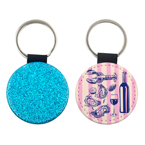 Seafood & Wine – Retro Pink Stripes Illustration - keyring by EZbie