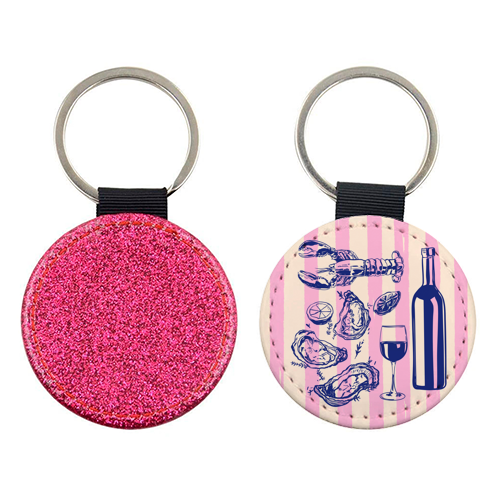 Seafood & Wine – Retro Pink Stripes Illustration - keyring by EZbie