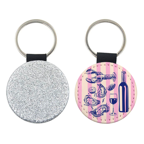 Seafood & Wine – Retro Pink Stripes Illustration - keyring by EZbie