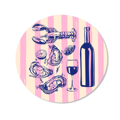 Seafood & Wine – Retro Pink Stripes Illustration - Magnet by EZbie