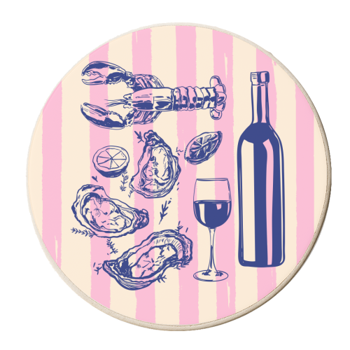 Seafood & Wine – Retro Pink Stripes Illustration - personalised beer coaster by EZbie