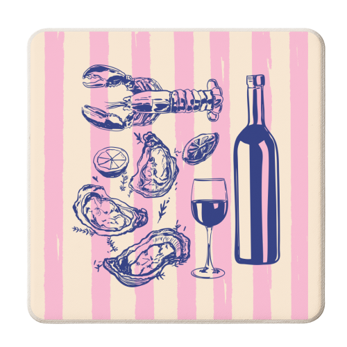Seafood & Wine – Retro Pink Stripes Illustration - personalised beer coaster by EZbie