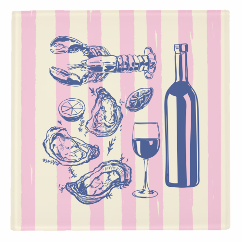 Seafood & Wine – Retro Pink Stripes Illustration - personalised beer coaster by EZbie