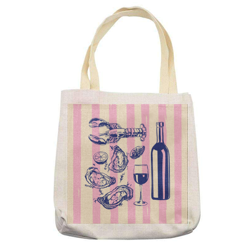 Seafood & Wine – Retro Pink Stripes Illustration - printed canvas tote bag by EZbie