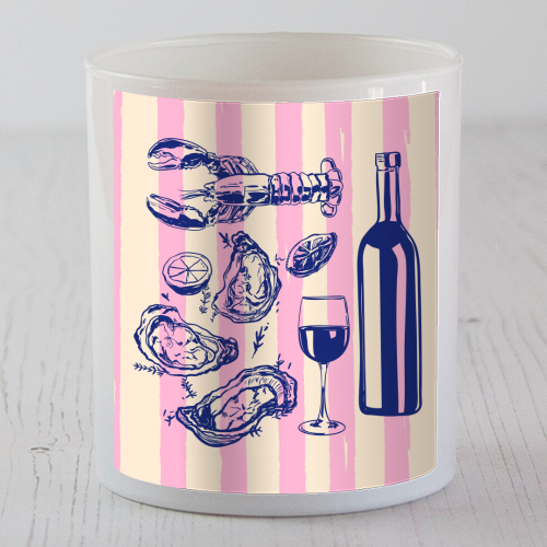 Seafood & Wine – Retro Pink Stripes Illustration - scented candle by EZbie