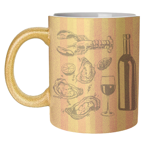 Seafood & Wine – Retro Pink Stripes Illustration - unique mug by EZbie
