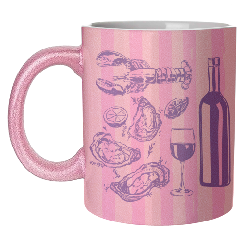 Seafood & Wine – Retro Pink Stripes Illustration - unique mug by EZbie